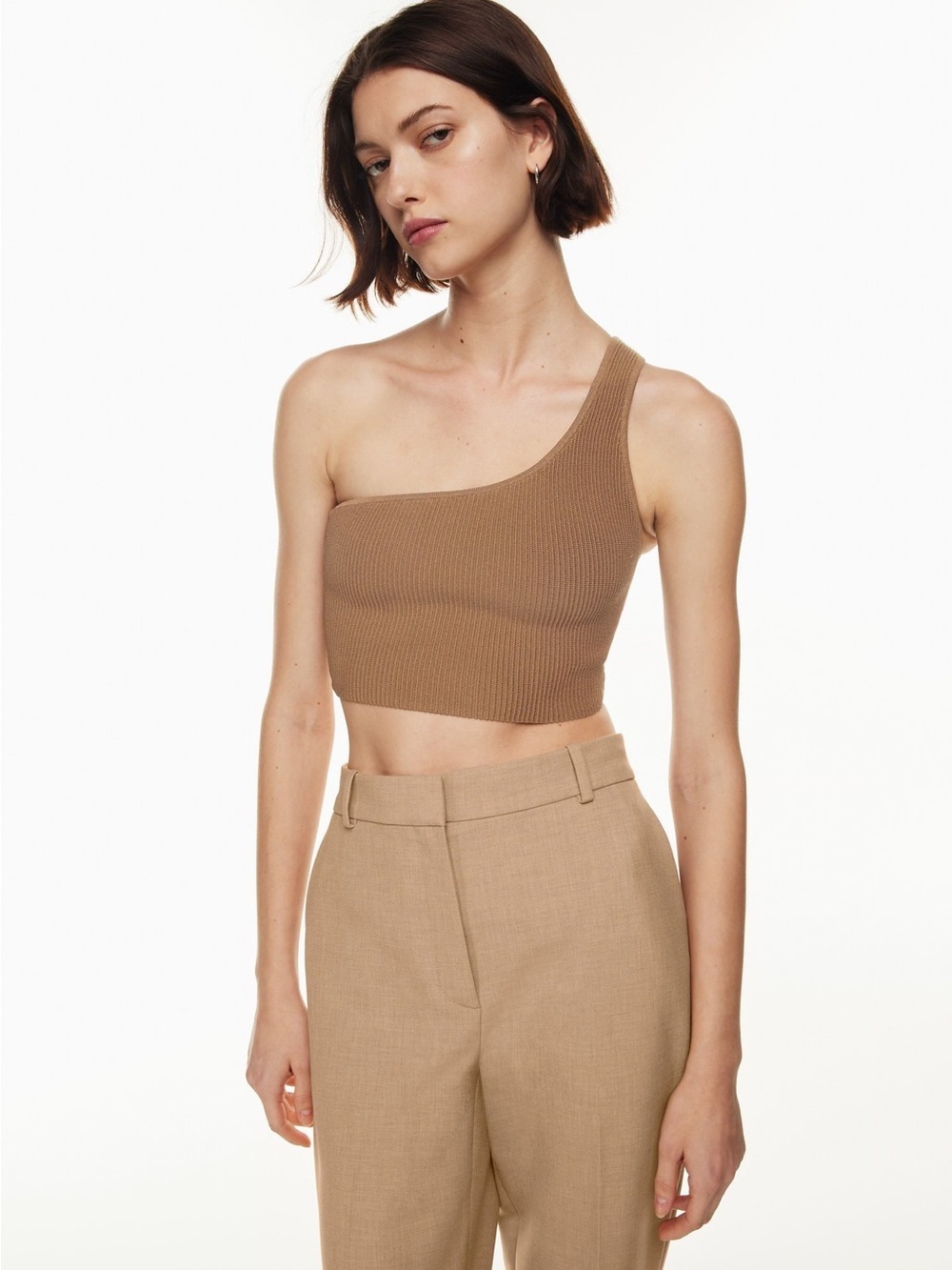 Babaton One-Shoulder Ribbed Crop Top in brown (M)